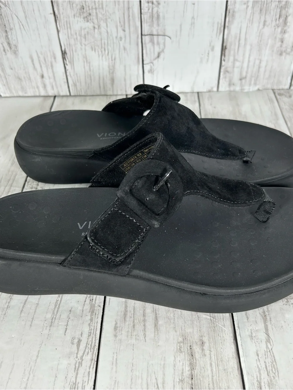 VIONIC Activate RX Black Suede Thong Flat Slide Sandals Size US 8.5 EU 39 CLEAN